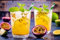 Acryl-Bild 90 x 60 cm: Tropischer Cocktail mit Passionsfrucht, Limette und Minze auf dunklem Hintergrund (64616533)