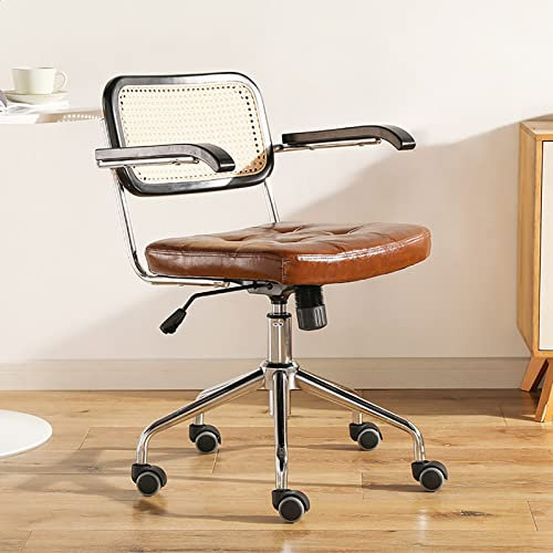 Rattan Computer Chair Retro Swivel Office Chair - Ergonomic Armchair with PU Silent Wheels for Home Work Living Room - Mid Back Desk Chair in Brown
