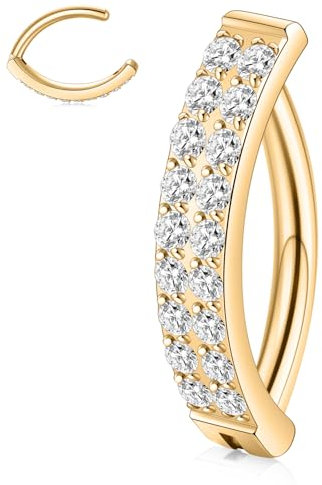 hengkaixuan Gold Bauchnabelpiercing 316L Bauchnabelring mit Doppelreihe CZ Bauchnabelpiercing Schmuck Nabelring 14G Bauchnabel Clicker Ring Niet Reverse Curved Navel Barbell Reverse Navel Rings 10mm