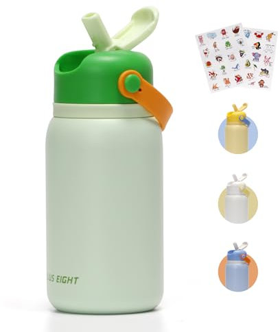 pluseight Botella de agua de acero inoxidable, 450 ml para niños con pegatinas, acero inoxidable 18/8 a prueba de fugas tazas con paja para viajes escolares niños niñas (verde)