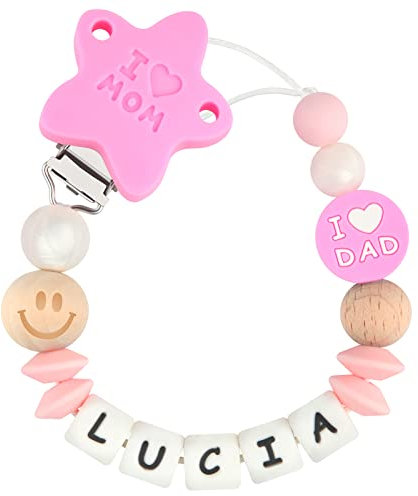 Kowlone Attache Sucette Nom Personnalisé Prenom Silicones Maman papa Attache Tétine en Clips Chaîne pour Bébé Filles Garçons(Rosa)