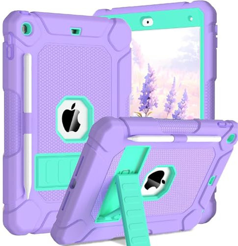 TOPWANT Case for iPad 9th 8th 7th Generation (10.2 inch, 2021/2020/2019), Shockproof Protective iPad 10.2 Case with Built-in Stand/Pencil Holder, Purple+Turquoise