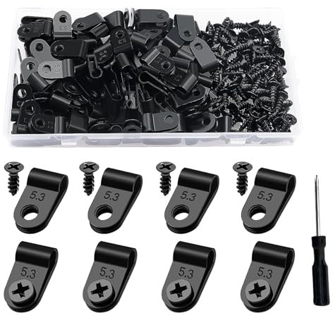 100 Stück 5.3mm (3/16 Zoll) Nylon R-Type Kabelhalter, R Typ Cable Clip Drahtklemme mit 100 Stück Schrauben, für Drahtmanagement (Mit 1 Schraubendreher, Schwarz)