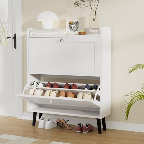 VOWNER Shoe Cabinet 2 Flip Drawers Wooden Legs Open Shelf White