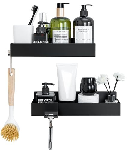 AuraLum Estanteria Baño,Estantería Ducha sin Taladro,2 Piezas Bathroom Organizer,Organizador de Baño Inoxidable,Negro