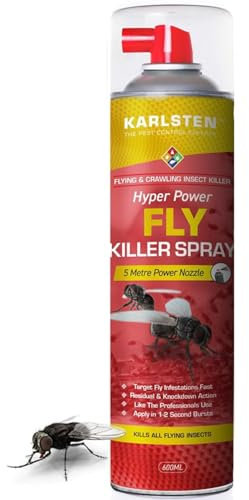 Karlsten Fly Killer Spray 600ml – 5 Metre Hyper Power Nozzle – Ultra-Strong Fly Spray for Home & Outdoor Use – Fast-Acting Aerosol Formula – Instantly Kills Flies