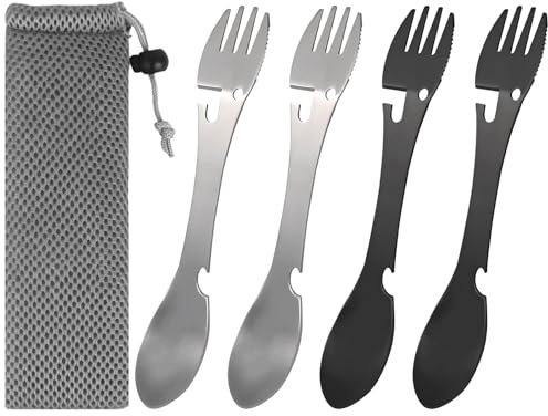 4 Pièces Cuillère Fourchette de Camping, Cuillère à Fourchette Multifonctionnelle en Acier Inoxydable, Cuillère à Soupe en Acier Inox 5 en 1 Couvert pour Camping, Randonnée, Activités de Plein Air