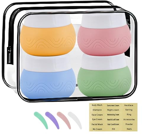 Tarro de Silicona, Kit de Botellas de Viaje Silicona, Recipientes para Cosméticos, 4 Botes de Crema de 30ml para Rellenar, Tarros Para Crema de Viaje, Envases de Viaje a Prueba de Fugas (Color)