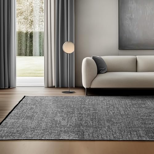 SIMPEX Chenille Teppich Baumwolle Grau 140x200 cm Boho-Stil, Vintage Kelim, Waschbar, Kurzflor, rutschfest & Weich, Einfarbig Meliert, Für Wohnzimmer, Schlafzimmer, Büro & Küche