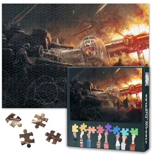 1000 Piece Jigsaw Puzzle for Adults Black and White Military Art WWII Fighter Planes and Tanks Vintage War Wall Decor 27.5 x 19.7 Inches