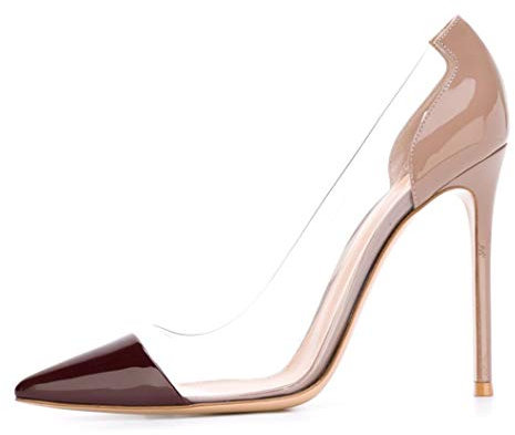 Veelau Meieer Damen High Heels Spitze Pumps Lack Transparente Stöckelschuhe Stiletto Damenschuhe Bordeaux mit Beige 45 EU