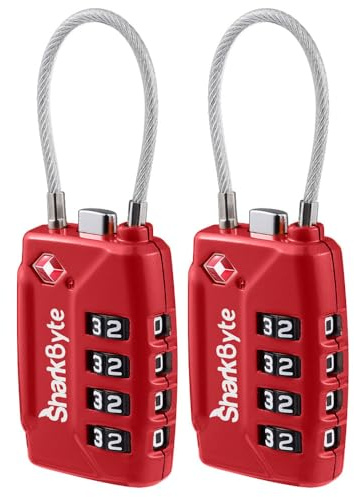 SharkByte TSA Approved Luggage Locks | Wire, 4-Digit Combo (10K Combinations) | Secure Suitcase, Gym Bags & More (2 Pack) Red