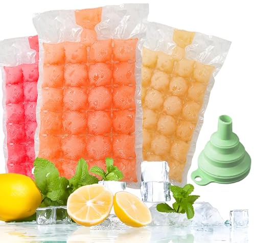 50 Pack Ice Bags for 1200 Ice Cubes, Food Grade PE Disposable Moulds Freezer Bags, Self-Sealing Quick Freezer Odorless Ice Maker Bags with Silicone Funnel, for Drinks, Cocktail, Coffee, Food Storage