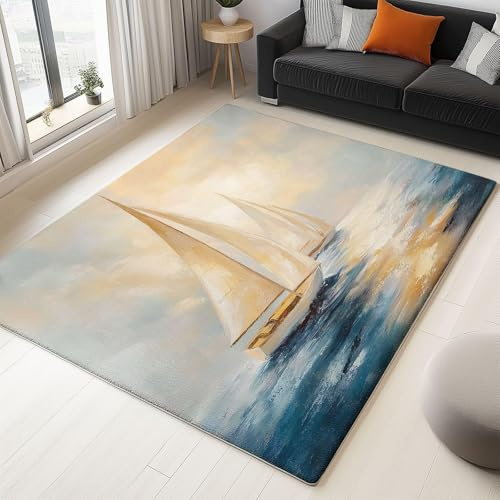 AUWUUA Waschbar Teppich rutschfest Fußmatte 40x60cm Blaugrau Vintage Ölgemälde Segelboot Muster Gegend Teppiche für Schlafzimmer Esszimmer Kinderzimmer Balkon Dekoration