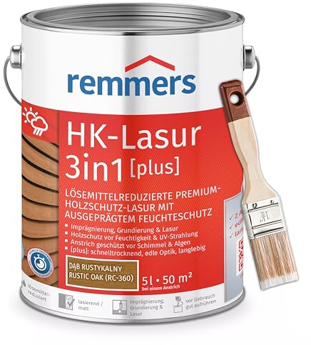 RemmersSet HK-Lasur 3in1 Plus + Pinsel Bandloo Set – Holzlasur für Außenbereich: Imprägnierung, Grundierung & Lasur in einem, Schutz vor Feuchtigkeit & UV-Strahlung, Varnish (Eiche rustikal, 5 L)