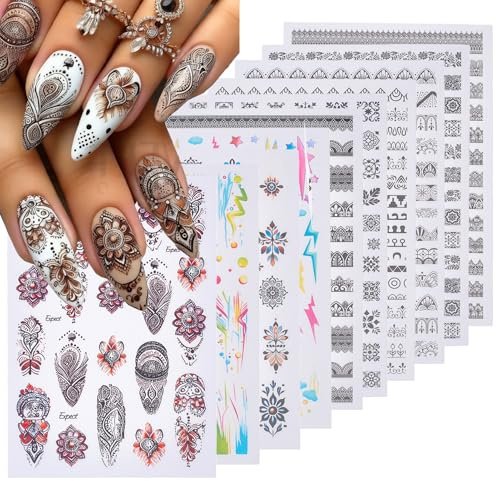 NICENEEDED 10 Sheets Vintage Boho Nail Stickers, Self-Adhesive 3D Totem Bohemian Styles Nail Decals, Retro Floral Colorful Nail Supplies for Women DIY Manicure Decoration