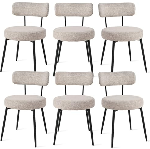 Bon Furni Esszimmerstühle 6er Bouclé Leinen Stoff, Braun | Moderne Gepolsterte Küchenstühle ohne Armlehne mit Metallbeinen, Komfortable Polsterstühle für Esszimmer & Küche
