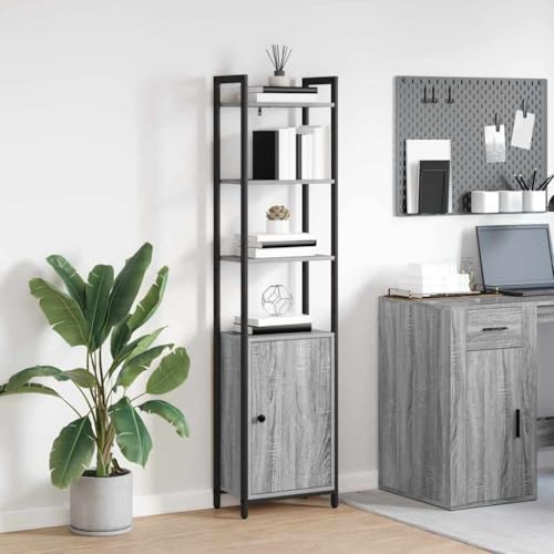 Fangmaliuyun Bücherregal Graues Sonoma 40 x 24 x 161 cm aus Holzwerkstoff mit 6 Regalen und 1 Tür, modernes Industrie-Design, robuster schmaler Hochschrank für Büro, Wohnzimmer, Schlafzimmer