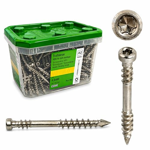 ESSVE Terrassenschrauben 4,8x60 mm A2 Edelstahl – 250 Stück – TX15 Terrassendielen Schrauben für verdeckte Montage – rostfrei C4 Profi Decking Schrauben für Holzterrasse, geeignet für Dielen 25–34 mm
