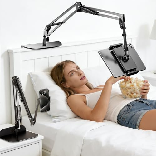 FUDUOXIAO Tablet Halterung Bett 360 Grad Tablet Ständer für Bett mit großer Basis Drehbarer Sockel Stabilem Aluminiumarm mit Federtechnik für iPad Tablets Telefone Geräte mit 4.5-10.3 Zoll