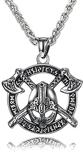 Necklace Pendant, Nordic Warrior Helmet Necklace for, Viking Runes Celtic Knot Double Axe Pendant Necklace, Handmade Stainless Steel Shield Amulet Protection Jewelry