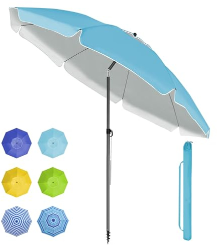 BelleMax Parasol de Plage Exterieur, avec ancre de sable 12 cm & Sac de Parasol, Inclinable sur 30°, Hauteur réglable, pour Balcon, Plage, Terrasse, Protection Solaire UV50 +,Bleu Ciel,200 cm