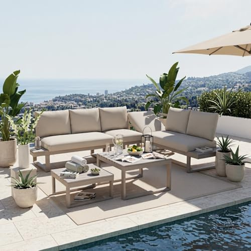 EGBHDSFT Garden Furniture Set - 5-Tier Adjustable Corner Sofa with Beige & Khaki Tabletop