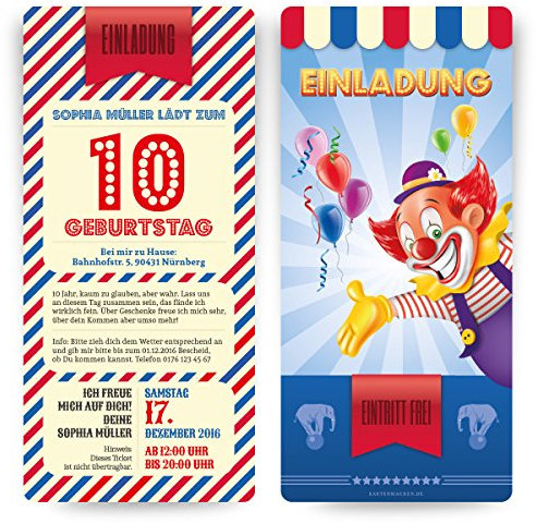 Kartenmachen.de Einladungskarten (30 Stück) zum Kinder Geburtstag im Zirkus Clown Ticket Motiv Einladung