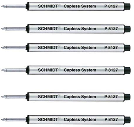 Schmidt: Medium Capless P8127 Rollerball Refill, Black Ink, Pack of 6.