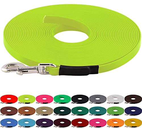 LENNIE BioThane Schleppleine, 13mm, Hunde 15-25kg, 12m lang, ohne Handschlaufe, Neon-Gelb, genäht