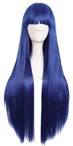 MapofBeauty 32 lange gerade Anime Kostüm Cosplay Perücke Partei Perücke (Dunkel blau/Black)