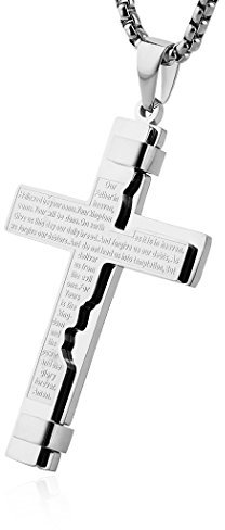 HZMAN Vaterunser Kreuz Halskette für Männer Frauen Edelstahl Retro Christliches Kreuz Anhänger Halskette Schmuck Geschenk (Silber)