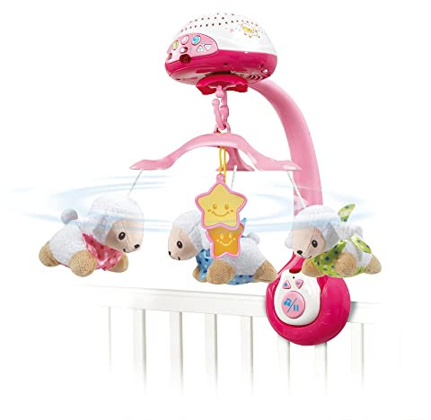 VTech - Lumi Mobile Compte-Moutons Rose, Mobile Musical Lit Bébé, Poussette et Siège Coque avec Télécommande, Projection au Plafond, Berceuses, Bruits Blancs, Cadeau de Naissance - Contenu en Français