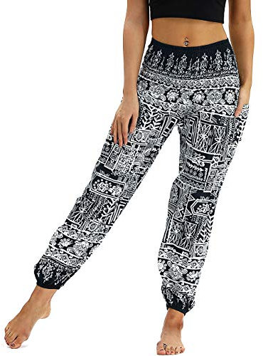 Nuofengkudu Damen Hippie Haremshose Capri Thai Hose Leichte mit Taschen Dünn Boho Ethno Blumenmuster Muster Strand Sommerhose Yogahose,Schwarz Geometrie