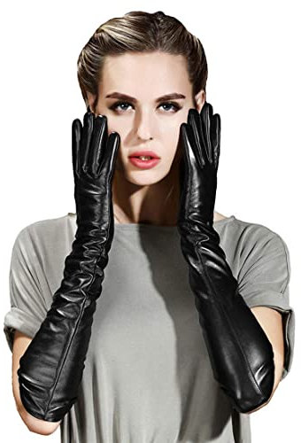 QECEPEI Damen lange Lederhandschuhe, Winter, Touchscreen-Oper, Abendkleid, Fahrerhandschuhe - Schwarz - Klein