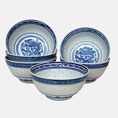 Cookware company Set mit 6 kleinen orientalischen chinesischen Porzellan-Schalen, blau und weiß, MA-Schüssel, 11,5 cm Durchmesser und tiefes Keramik-Reismuster. Garantierte Qualität