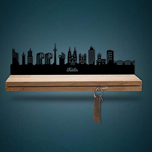 Schlüsselleiste Holz mit Skyline Köln - Geschenk für Stadtverliebte - Stabiles & Massives Schlüsselbrett aus Eichenholz Moderner Schlüsselhalter für die Wand - 100% Made in Germany - Größe 35 cm