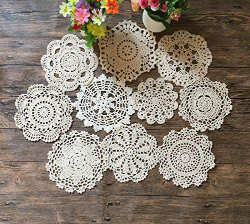 MINDPLUS Set mit 10 Handgehäkelten Deckchen aus Baumwolle Gehäkelte Spitze Deckchen Untersetzer Tischset 15-18 cm Rund Beige Vintage-Hochzeit Teeparty (10 Stück Beige)