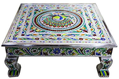 AASh Bir Kraft | 45,7 x 45,7 cm Aluminium Minakari Bajot Niedriger Tisch | Bajath Chowkie Tisch | Couchtisch Hochzeit | Puja Campingtisch