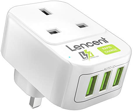 LENCENT USB Outlet Plug Extender with 3 USB Ports, 1 Way Socket Extension, Multi Outlet Wall Charger Adapter, Mains Charger Plug Extension, Ideal for Home, Office 3250W