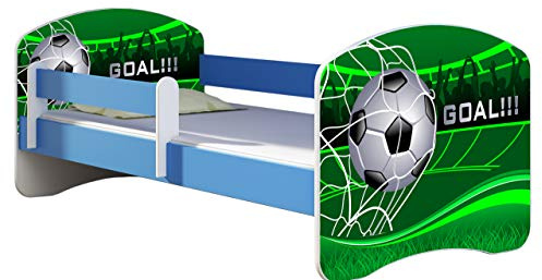 ACMA Kinderbett 140x70 cm Blau mit Matratze & Lattenrost – Jugendbett mit Rausfallschutz, personalisiertes Motiv 14 Goal, stabiles Kinderbett für Kinderzimmer, belastbar bis 120 kg