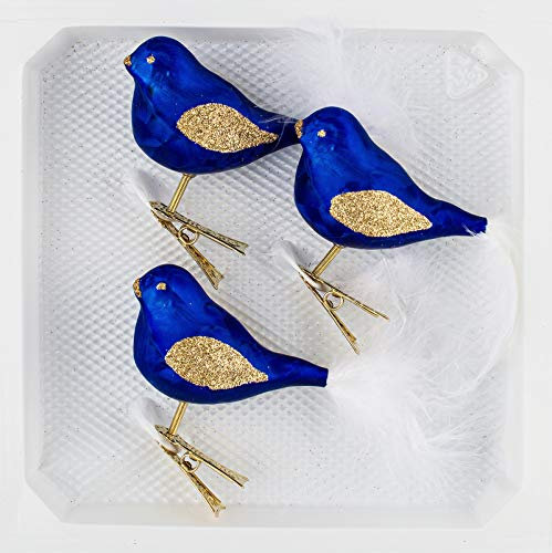 3 TLG. Glas Vogel Set in 'Ice Royal Blau Gold' - Christbaumkugeln - Weihnachtsschmuck-Christbaumschmuck