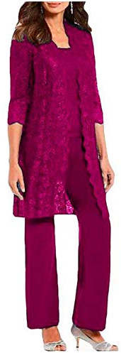 Traje de pantalón de 3 piezas para madre de la novia para boda, chaqueta larga de encaje, conjuntos de gasa para mujer para baile de graduación y noche, fucsia, 48