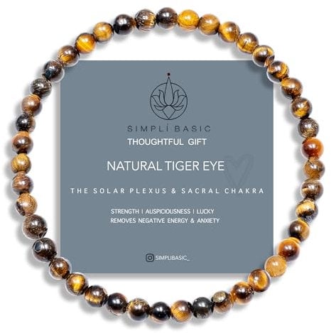 SIMPLÍ BASIC Natural Tiger Eye Healing Gemstone Bracelet 4mm Bead | Luck | Decision Maker | Remove Negative Energy | Anxiety Bracelet | Inc Gift Box