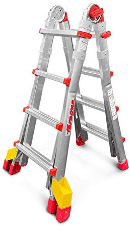 Faraone TELES T4A VERSIONE 2025 - Scala telescopica multiuso 4+4 GRADINI con allargatori, gancio portascala, protezione saldatura rossa e kit di tappi di ricambio