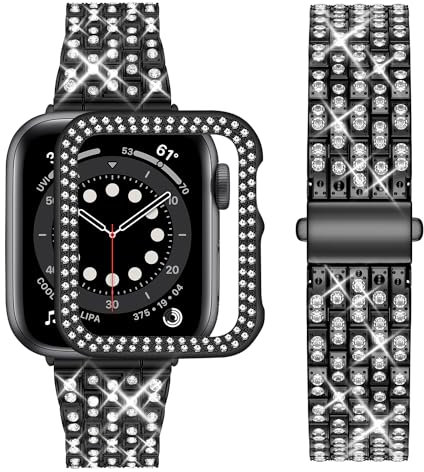 wutwuk Compatible Bracelet Apple Watch 42mm, Bling Métal Femme Brillant Bracelet de Montre avec Protective Coque, Remplacement de Bracelet avec Strass Diamant pour iWatch Séries 3 2 1 - Noir 42mm