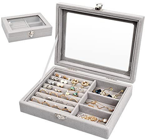 Pinsheng Samt Schmuckkästchen, Glasdeckel Schmuckkoffer Grau Schmuckschatulle Schmuckbox Mädchen für Ohrringe Armbänder Ringe