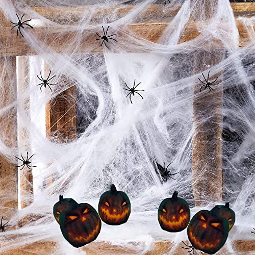 Dsplopk 1200 FT Spinnennetz Halloween Deko, 300g Spinnennetz + 60 Kleine Spinnen Halloween Party Deko, Spinnen Deko Karneval, Spinne Halloween Türdeko Decorations Set, Spinnenweben Halloween Outdoor