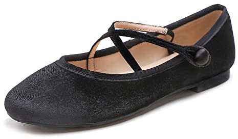 Feversole Women's Stretchy Elastic Ankle Straps Ballet Flats Shoes Black Velvet Size 6 UK
