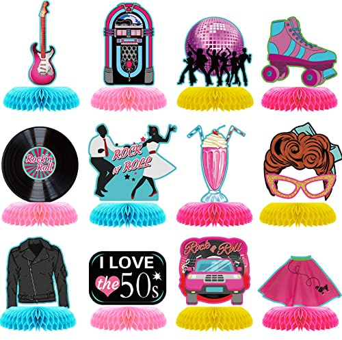 12 Stück 1950er Jahre Rock and Roll Honeycomb Tafelaufsätze 50er Jahre Party Dekorationen 50er Jahre Retro Tischdekoration Tischdekoration für 50er 60er Jahre Thema Musik Party Supplies Favors
